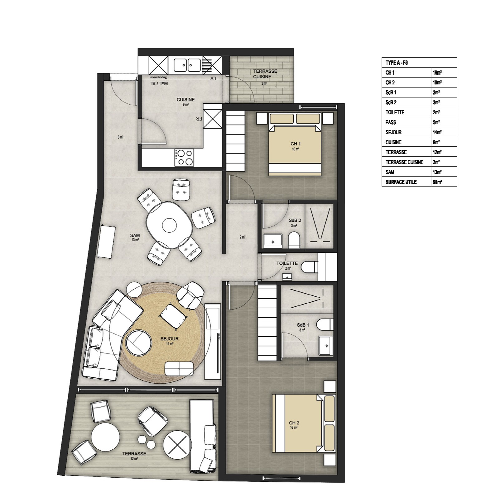Appartement F3 - Type A (2 chambres + salon)