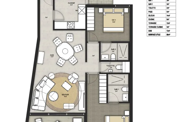 Appartement F3 - Type A (2 chambres + salon)